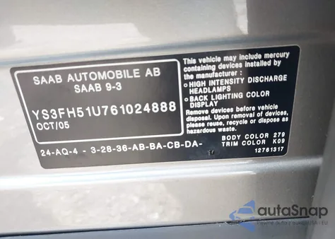 2006 Saab 9-3 Aero from USA, damaged, VIN YS3FH51U761024888